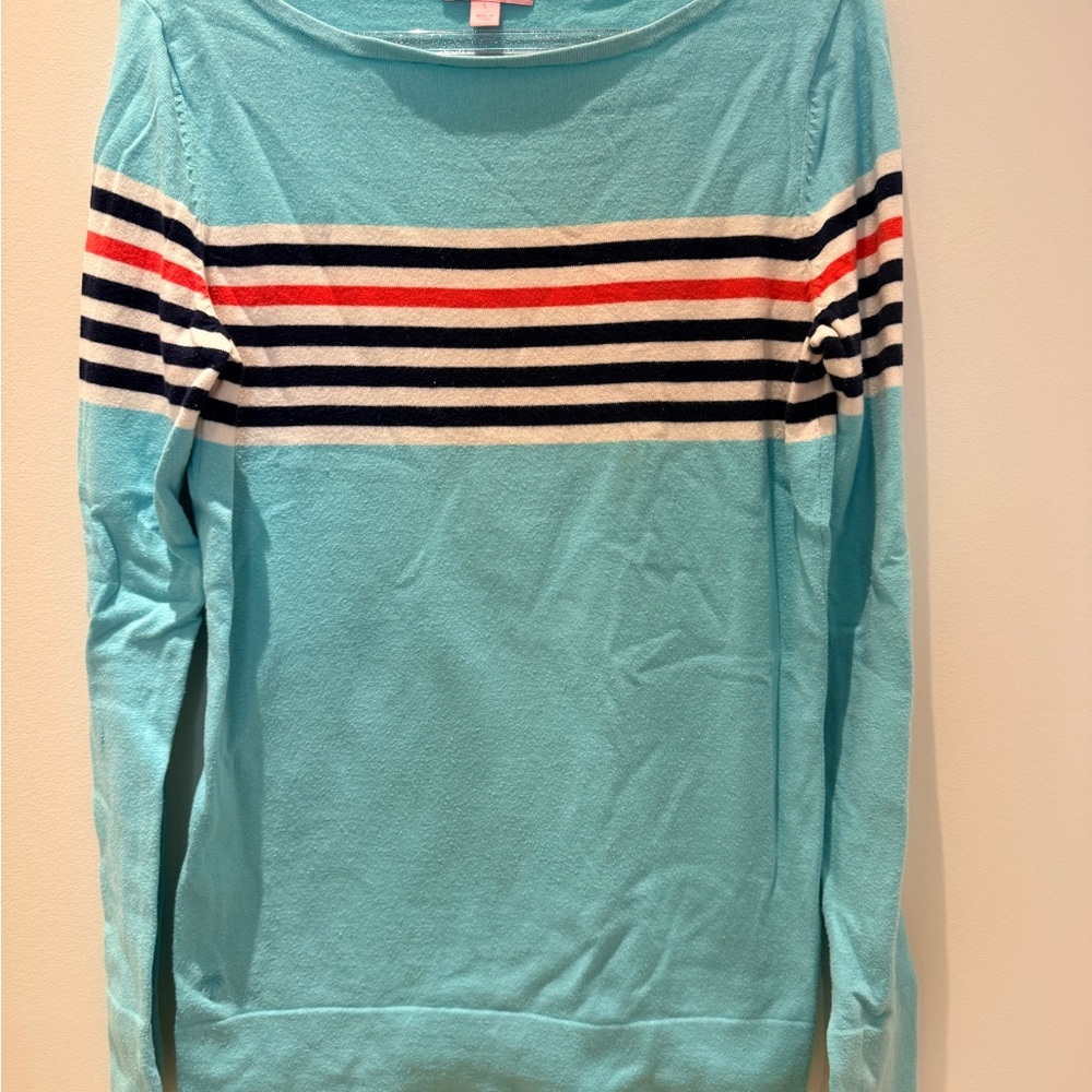 Lilly Pulitzer Aqua Sweater with Red and Navy Stripes